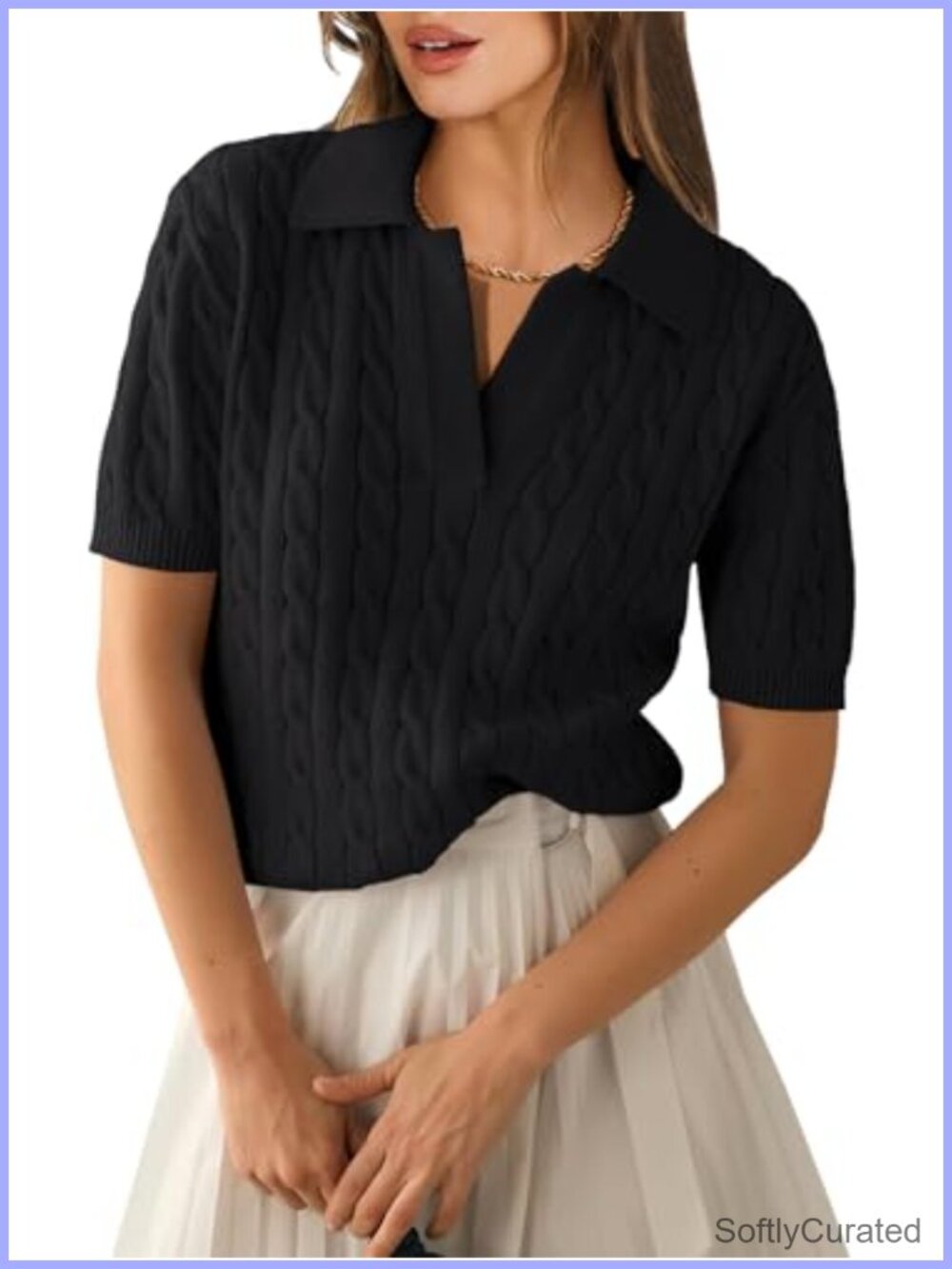 Cable Knit Polo Sweater Short Sleeve V-Neck Crop Top Loose Fit Casual